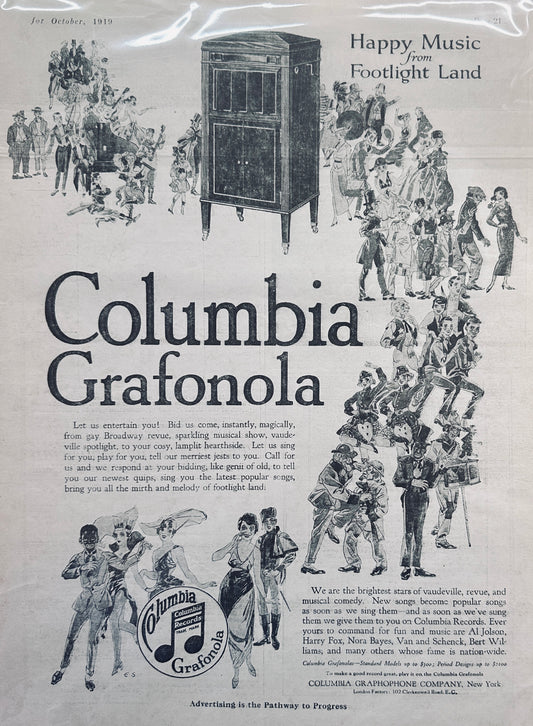 1919 Columbia Grafonola & Records Vintage Ad Happy Music From Footlight Land #432