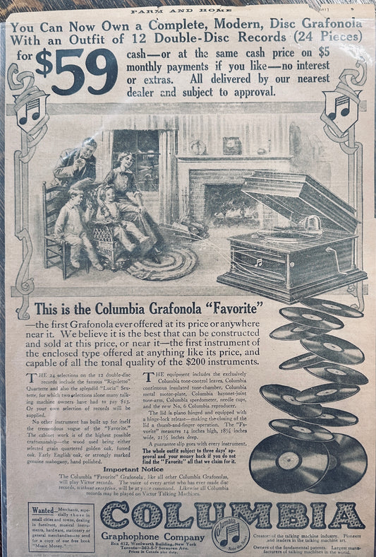 1913 Columbia Grafonola "Favorite" Disc Table Top Model Original Ad #433