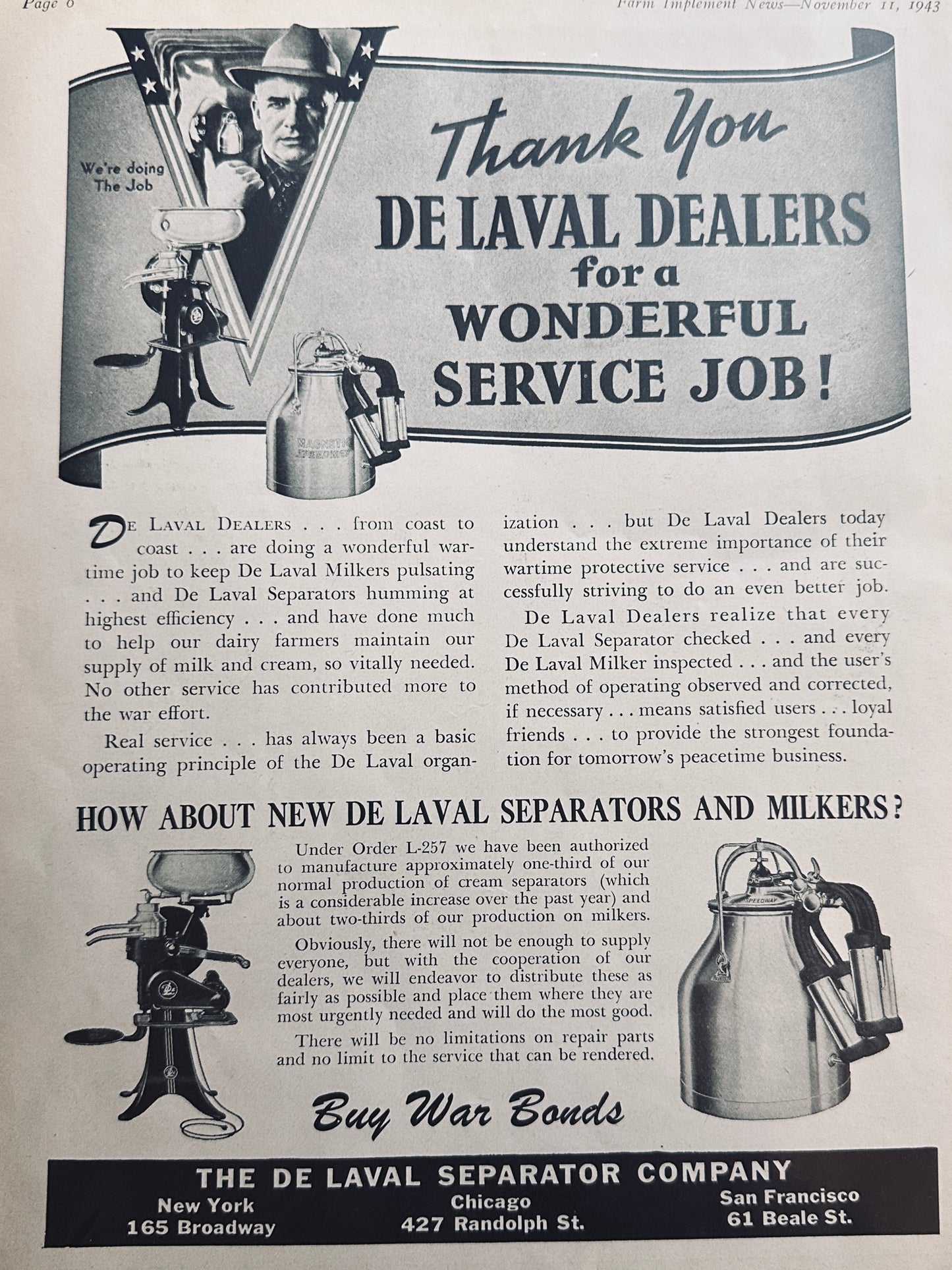 1943 WWII Era DeLaval Separator Co & Myers Pumps Vintage Ad N284