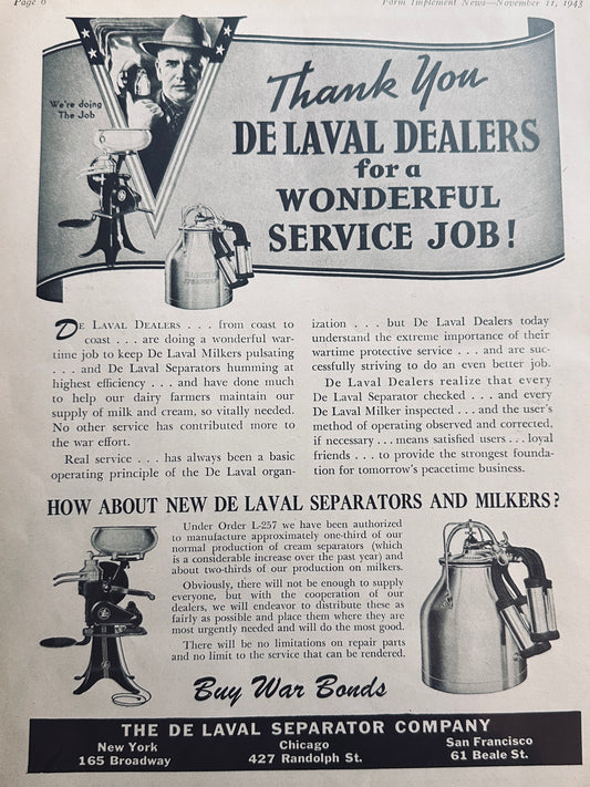 1943 WWII Era DeLaval Separator Co & Myers Pumps Vintage Ad N284