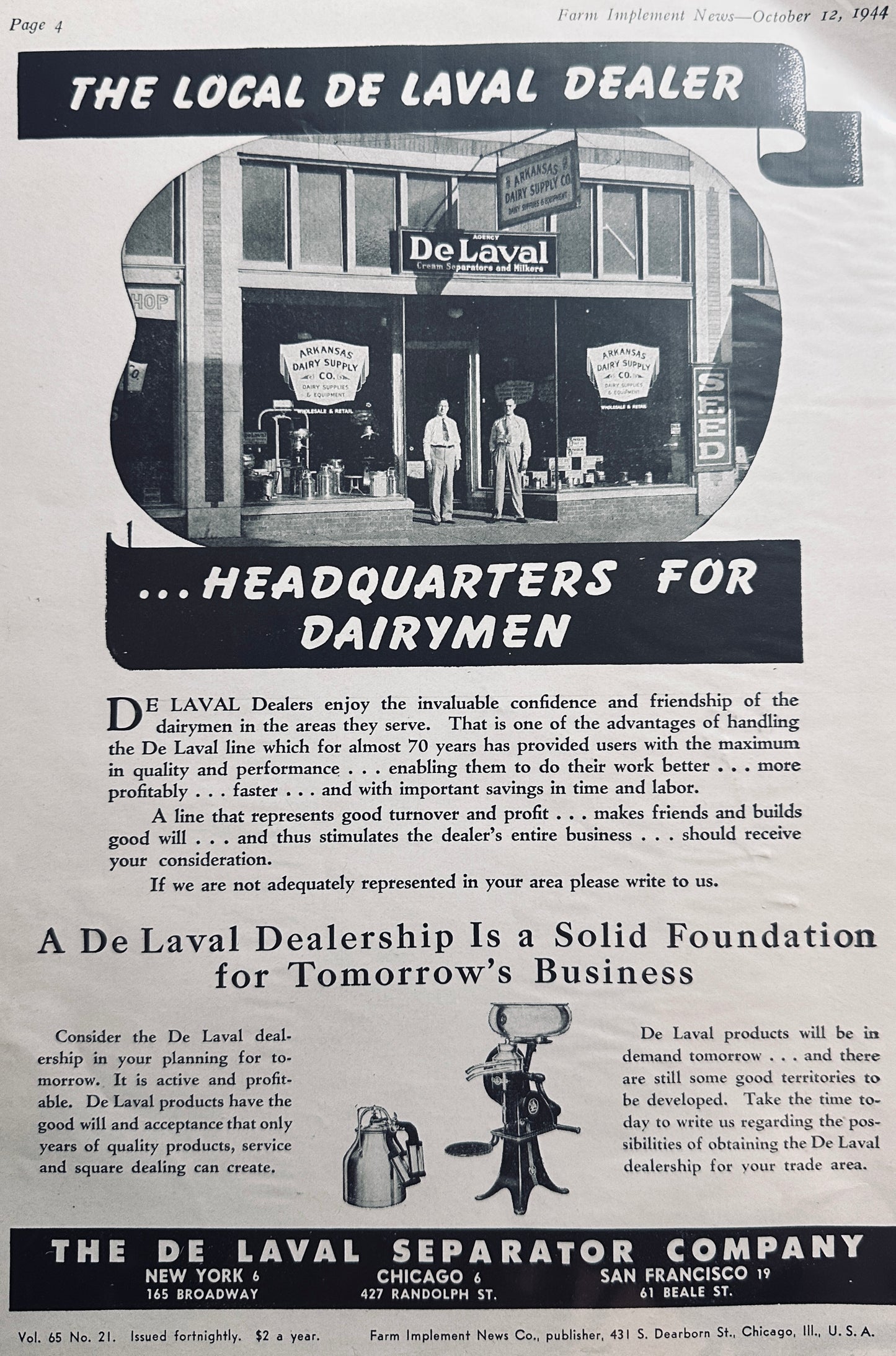 1944 De Laval Dealership in Arkansas - Headquarters for Dairymen N285