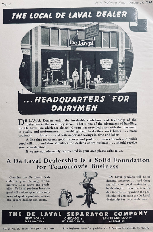 1944 De Laval Dealership in Arkansas - Headquarters for Dairymen N285