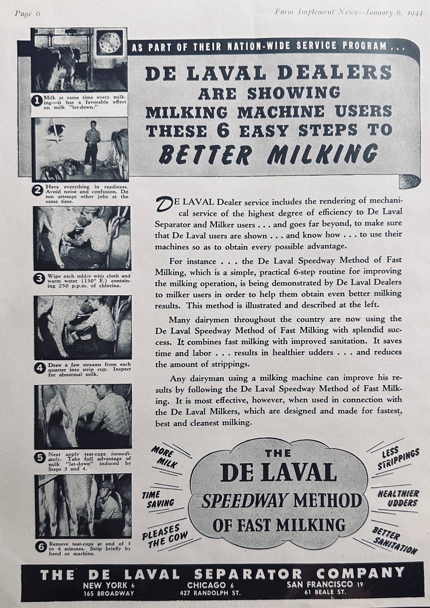 1944 De Laval Offers 6 Tips for Faster Milking - Speedway Method N286