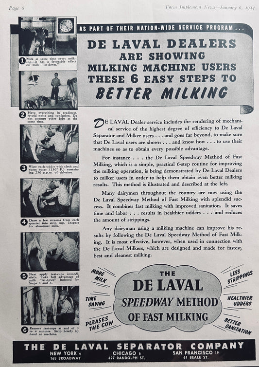 1944 De Laval Offers 6 Tips for Faster Milking - Speedway Method N286