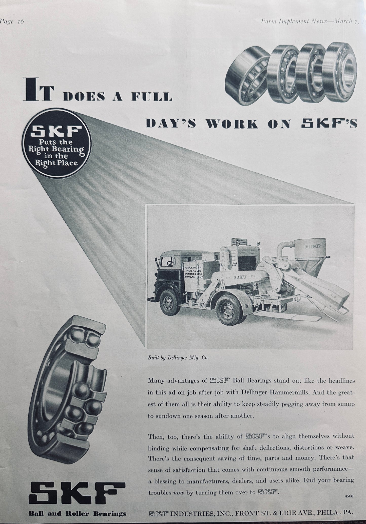 1940 SKF Ball & Roller Bearings On Dellinger Hammermill - Vintage Ad N287