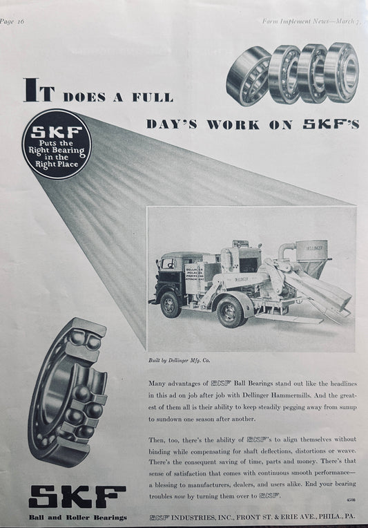 1940 SKF Ball & Roller Bearings On Dellinger Hammermill - Vintage Ad N287