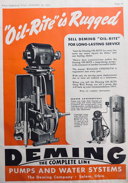 1944 Deming "Oil-Rite" Deep Well Pump - Salem, Ohio Vintage Ad N289