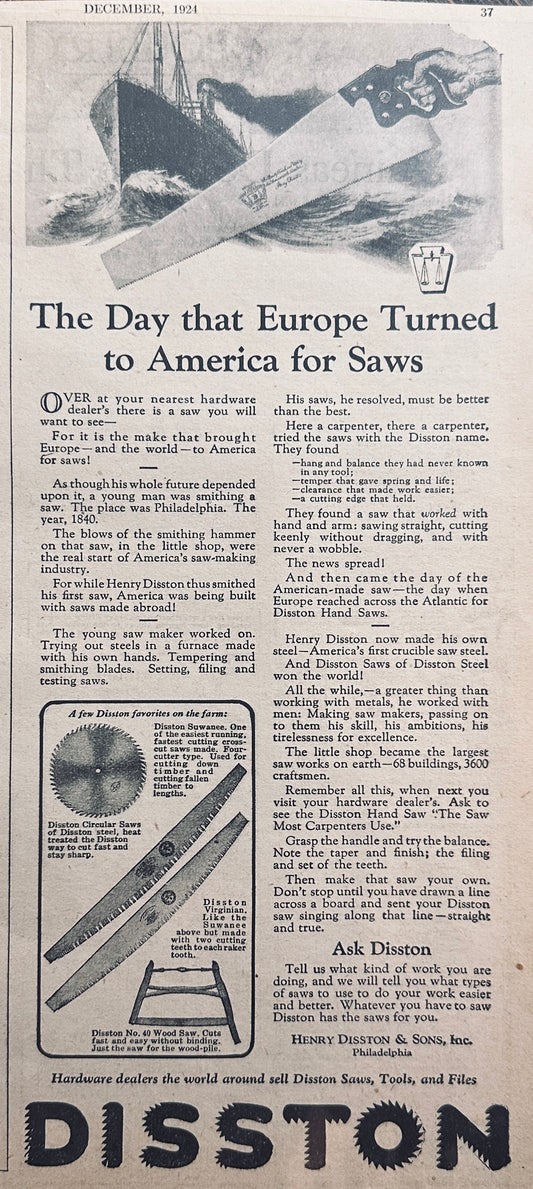 1924 Disston Saws The Day Europe Turned to America for Saws N295