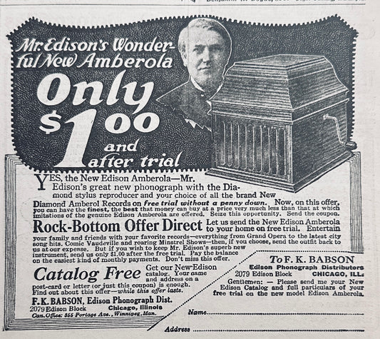 1919 Edison Amberola Ad for $1 after Trial Period - Vintage 3 x 4" Ad N315