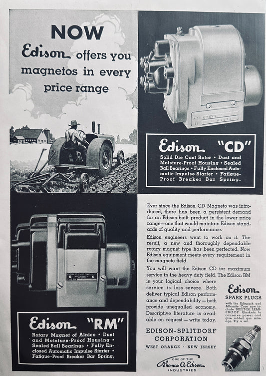 1937 Edison CD & Rm Magneto -Edison Spark Plugs - Vintage Ad N317