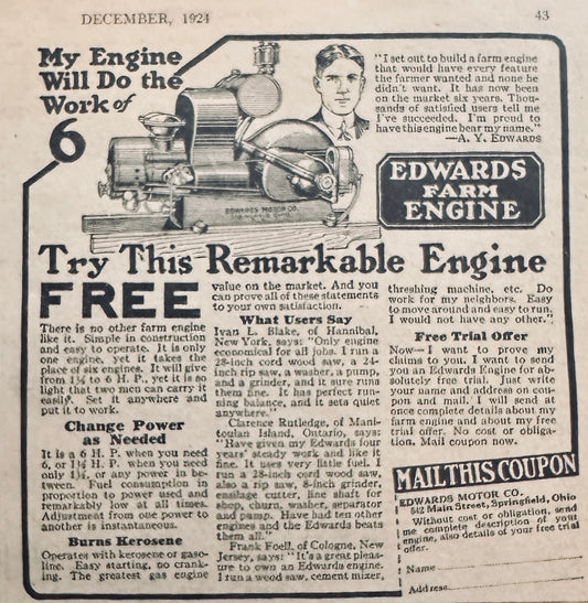 1924 Edward Farm Engine - Does the Work of 6 - Springfield OH