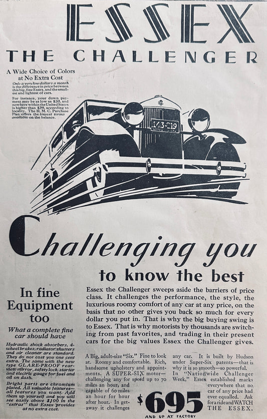 1929 Essex Challenger Super-Six family Sedan - Vintage Ad #A329