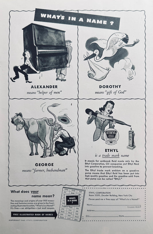 1942 Ethyl Gasoline What's In A Name Series Vintage Ad N338