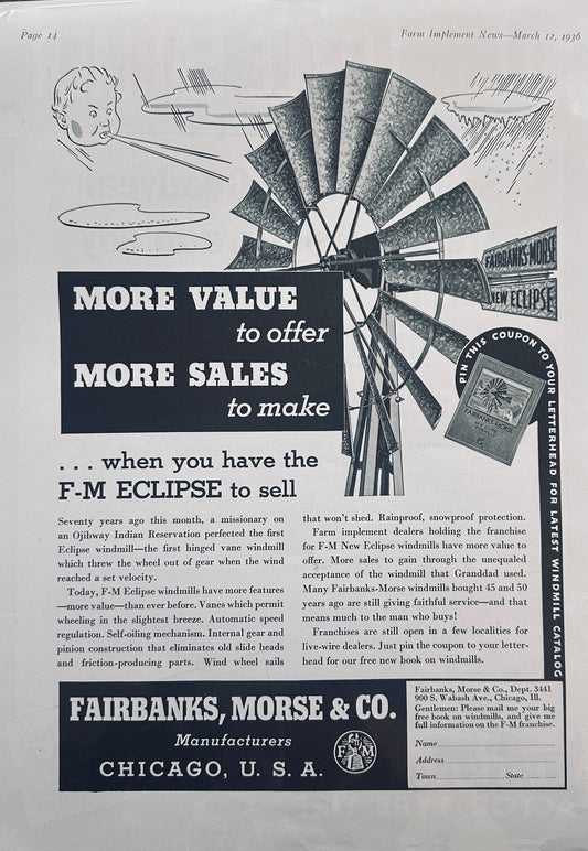 1936 Fantastic Fairbanks Morse Full Page Eclipse Windmill Ad #1341
