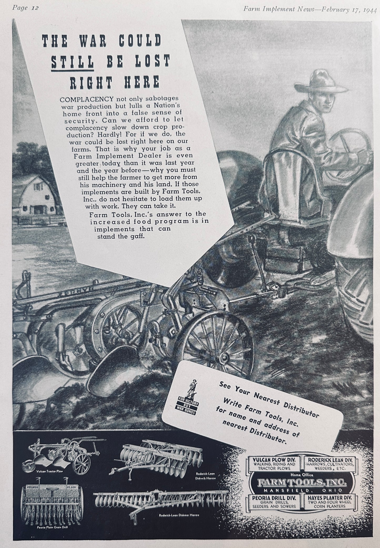 1944 WWII Era Farm Tools Inc Mansfield, OH Vintage Ad N360