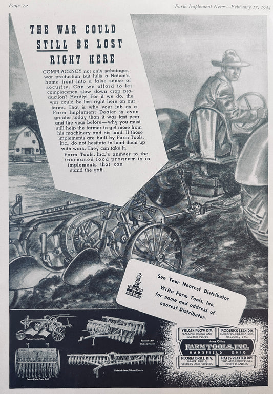 1944 WWII Era Farm Tools Inc Mansfield, OH Vintage Ad N360