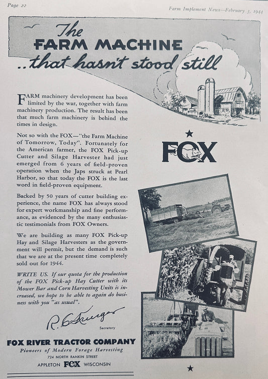 1944 Fox River Tractor Co & Mobiloil-Mobilgas Vintage ads N379