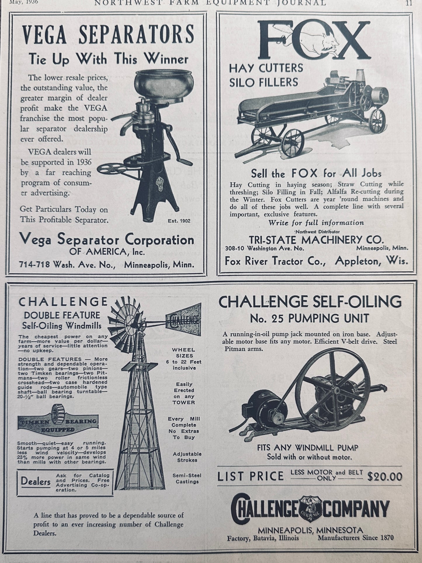 1936 Farm Equipment Multiple Ads on 1 Page N378 FOX