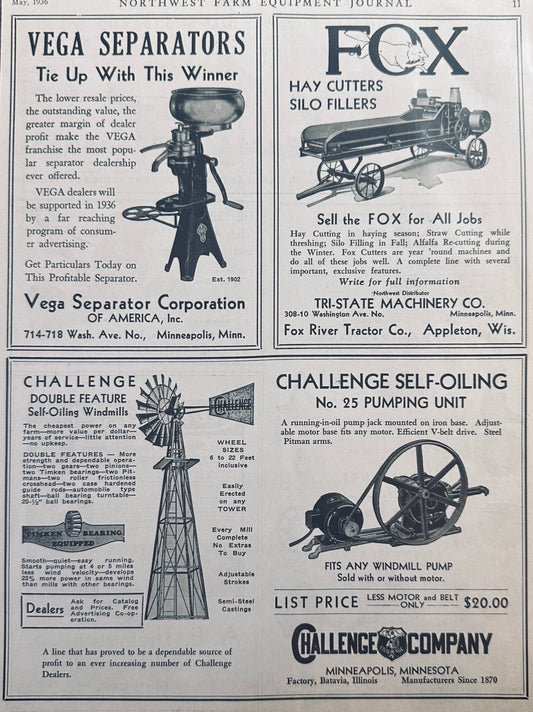 1936 Farm Equipment Multiple Ads on 1 Page N378 FOX