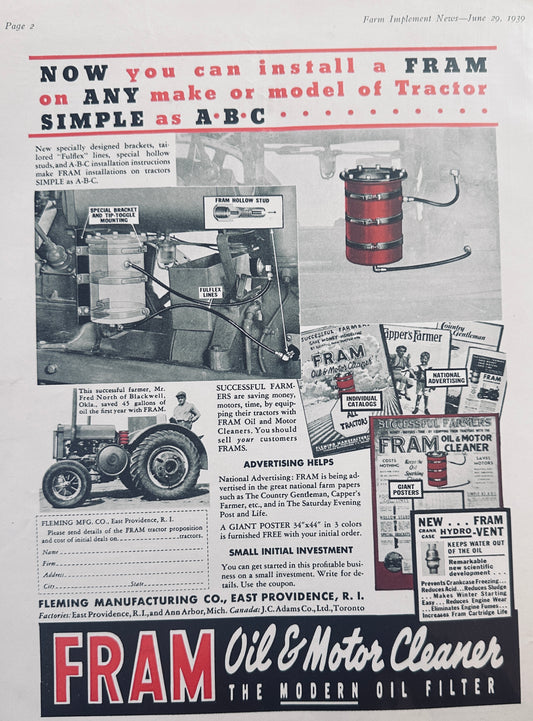 1939 Fram Oil & Motor Cleaner Oil Filters for Any Tractor N382