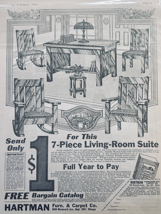 1920 Hartman 7-Piece Mission Oak Furniture Set + Slag Glass Lamp Vintage Ad #429