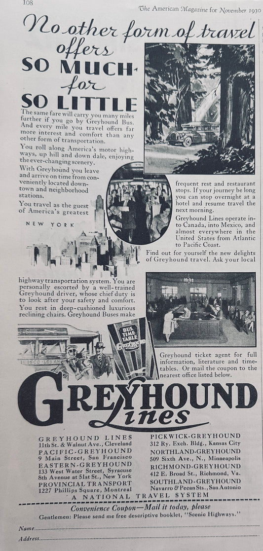 1930 - 1951 Greyhound Bus Lines Magazine Ads (8) Total N416