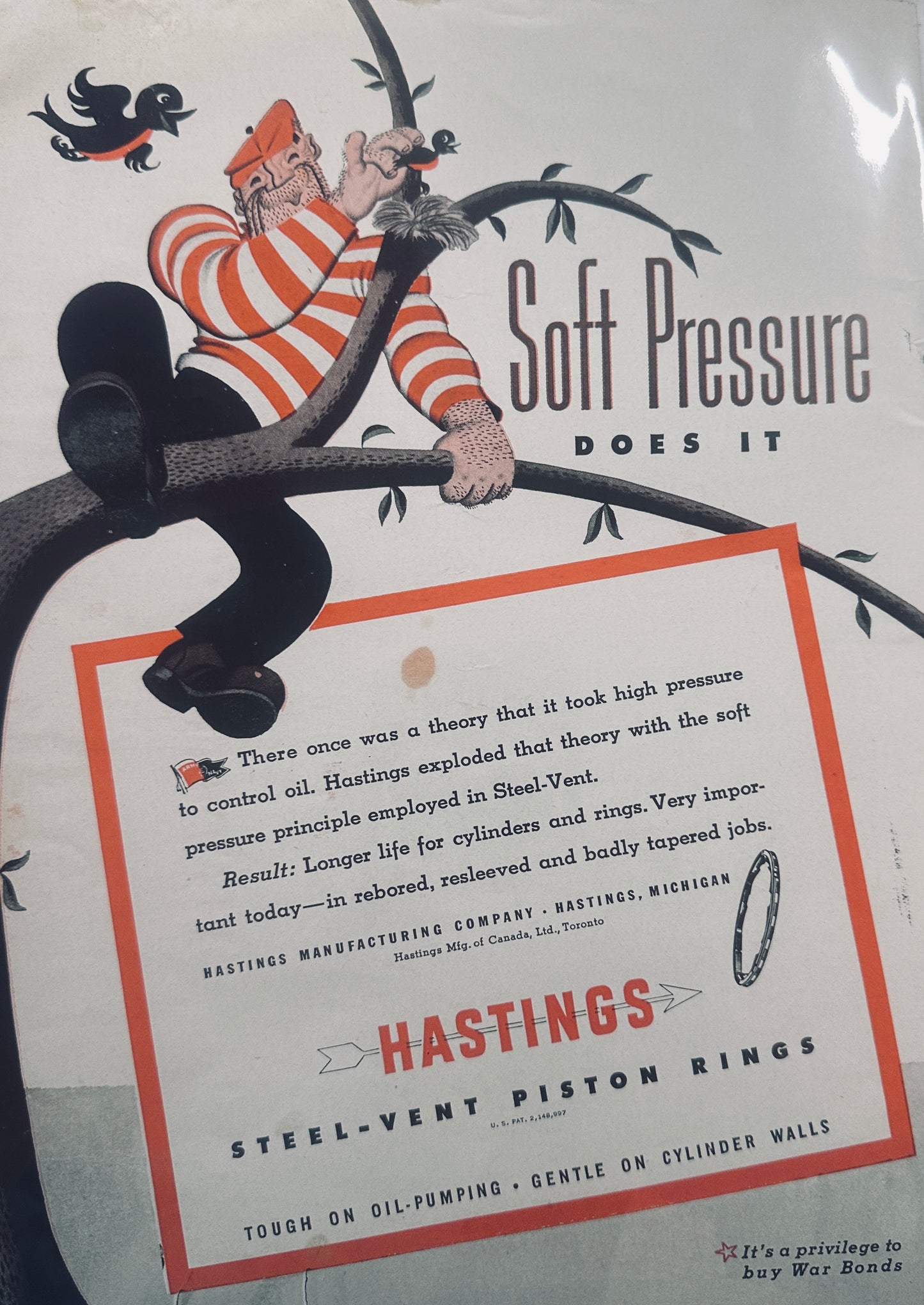 1944 Hastings Piston Rings Tough But Gentle Ad - Baby Bird #1342