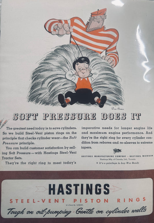 1944 Hastings Piston Rings Tough But Gentle Ad - Haystack Sleeping #1346