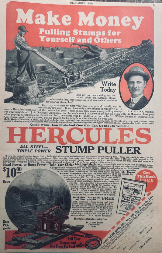 1924 Hercules Stump Puller - All Steel - Triple Power - Centerville, IA N469