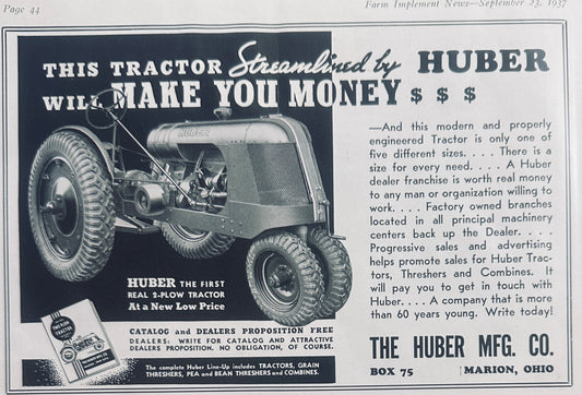 1937 Huber 2-Plow Tractor Mation, OH Vintage Ad N522