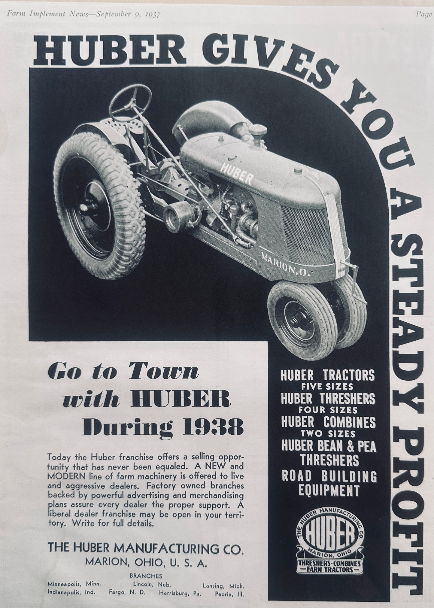 1937 Huber tractor & Farm Equipment Line - Marion, Ohio Full Page Ad N524