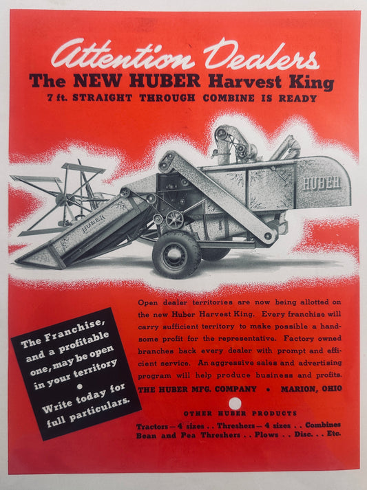 1940 Huber 9 x 12" Colorized Ad Harvest King Combine Vintage Ad #1348