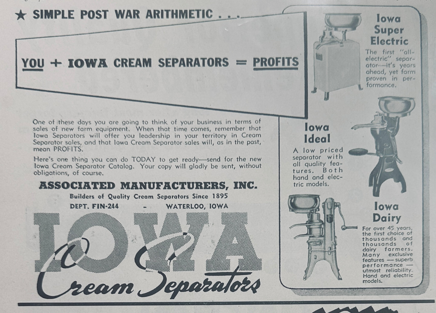 1944 Lot of 3 Iowa Cream Separator Vintage Ads - Waterloo, Iowa