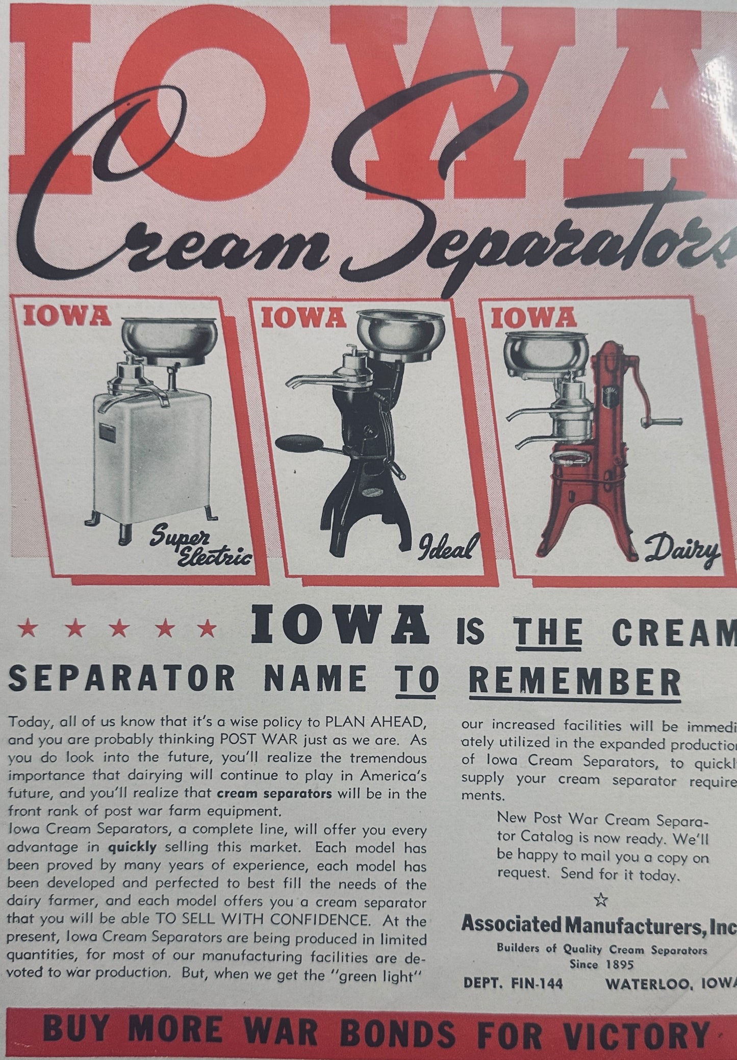 1944 Lot of 3 Iowa Cream Separator Vintage Ads - Waterloo, Iowa