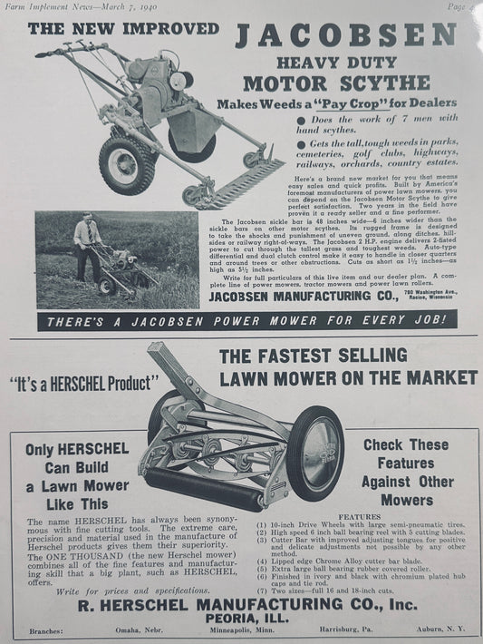 1940 Jacobsen & Herschel Scythe and Lawnmower Vintage Ads #1349