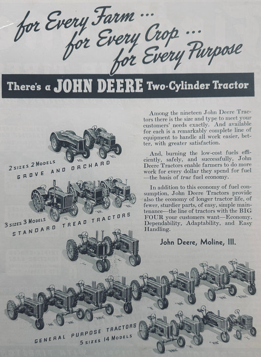 1940 John Deere Tractor Line 19 models shown in one ad!!!