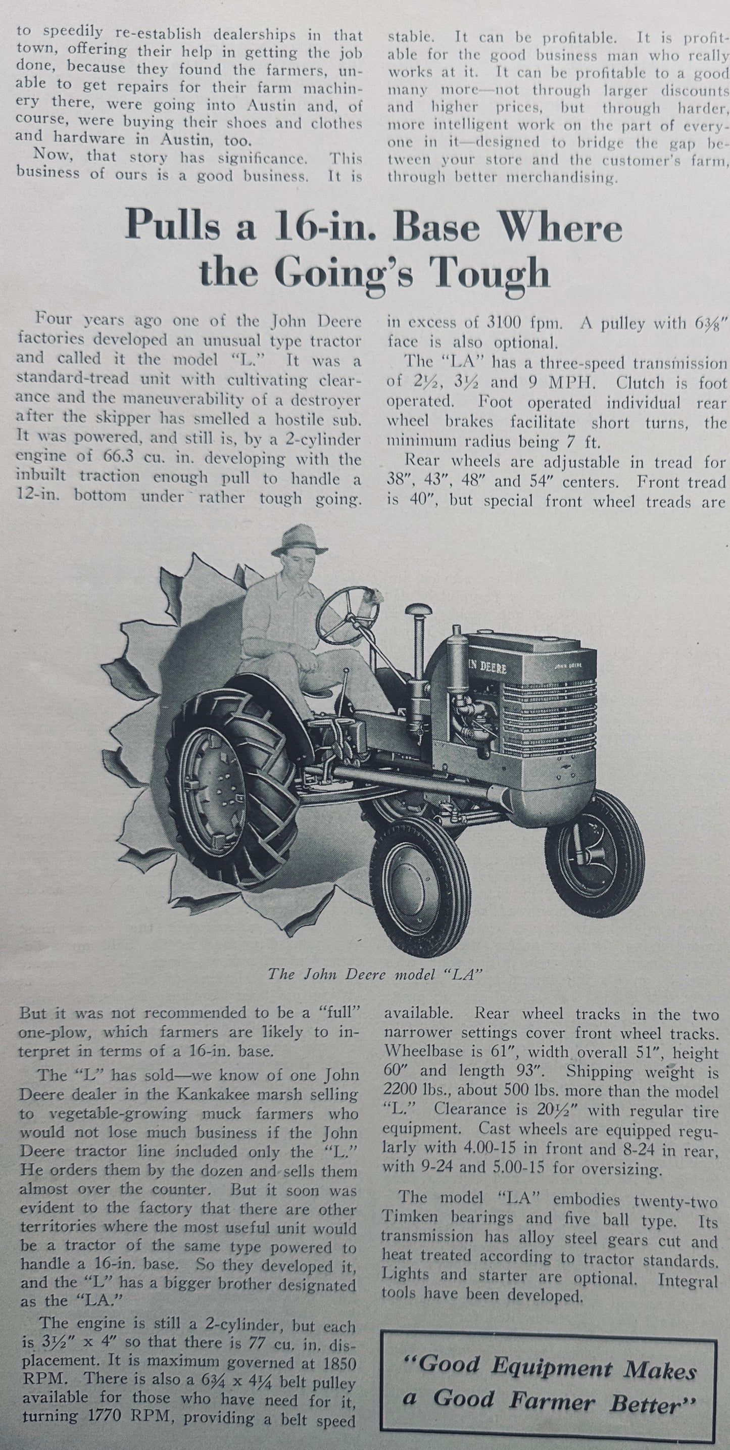 1941 Feature Promotional Article for John Deere Model LA Tractor