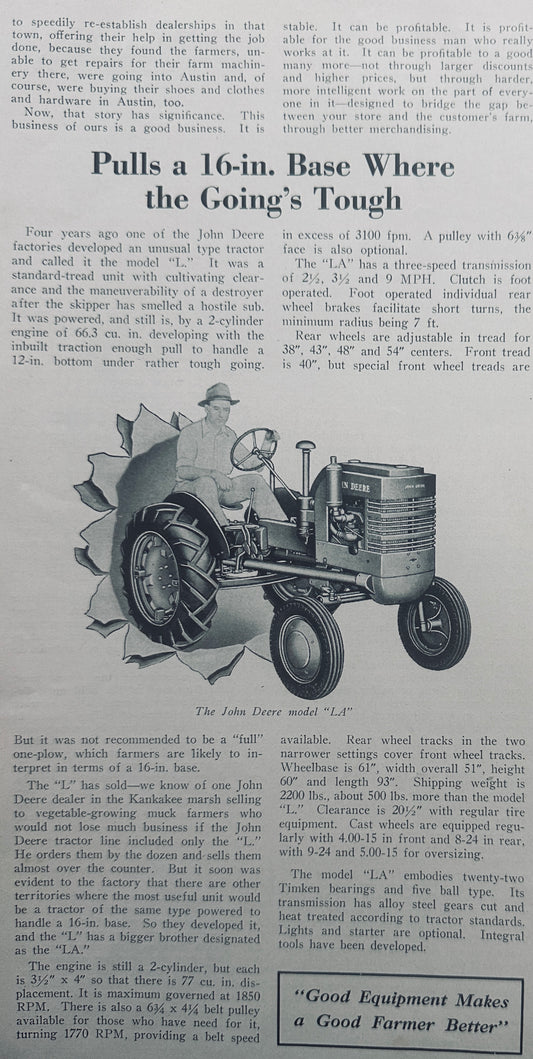 1941 Feature Promotional Article for John Deere Model LA Tractor N541