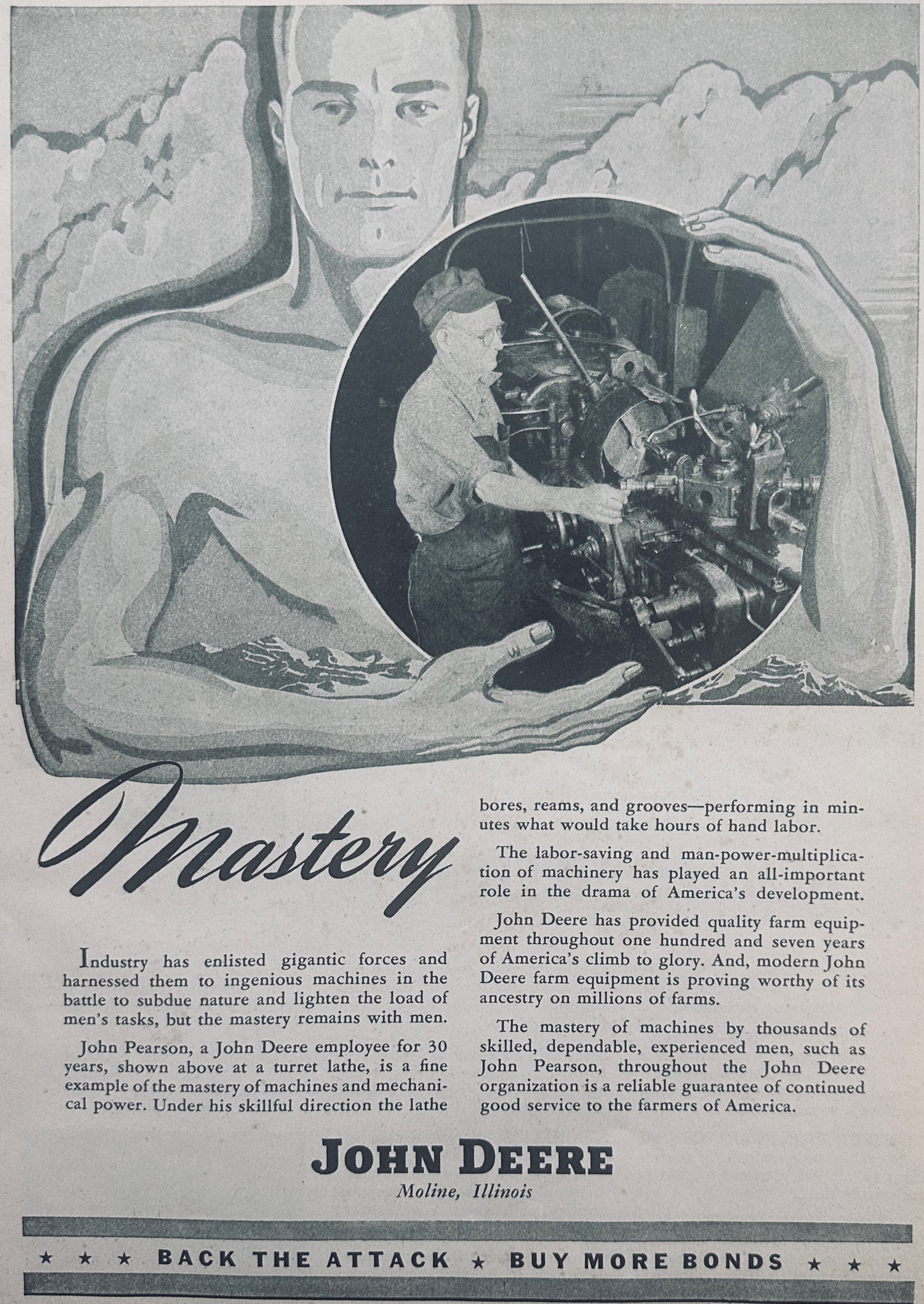 1944 WWII Era John Deere Ad John Pearson Machinist of 30 Years N542