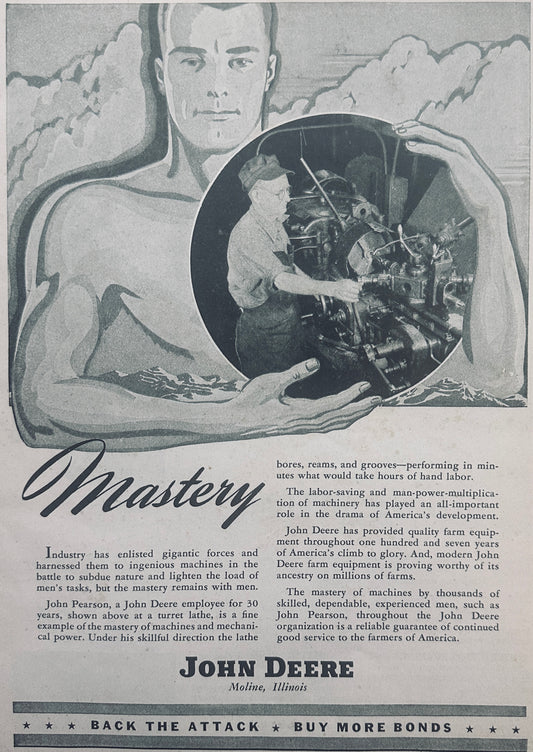 1944 WWII Era John Deere Ad John Pearson Machinist of 30 Years N542