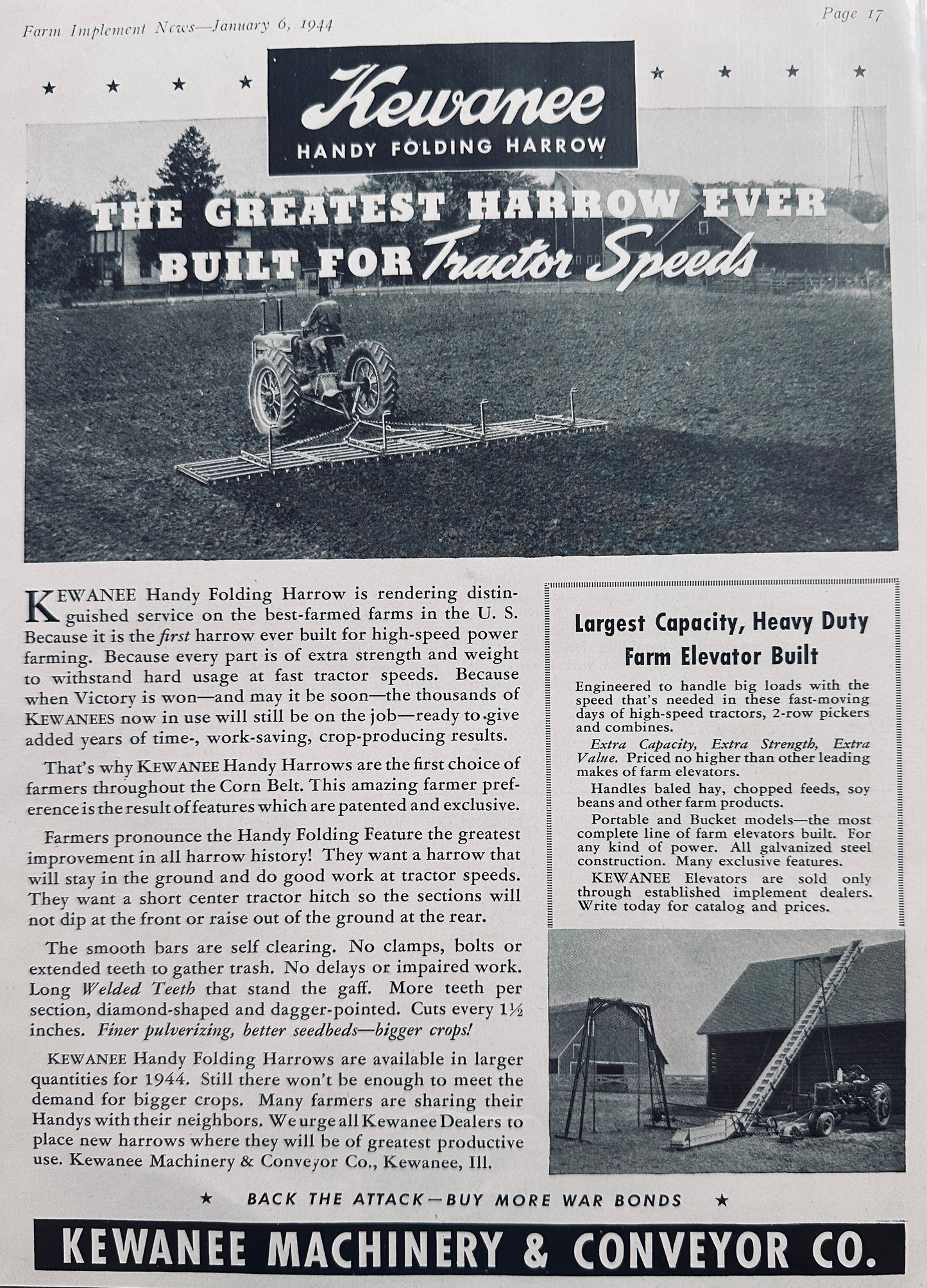1944 Kewanee Handy Folding Harrow Vintage Ad N570