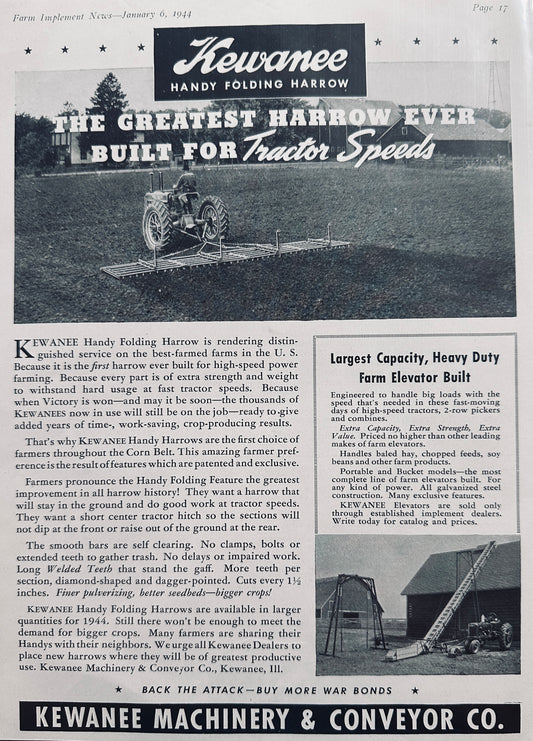 1944 Kewanee Handy Folding Harrow Vintage Ad N570