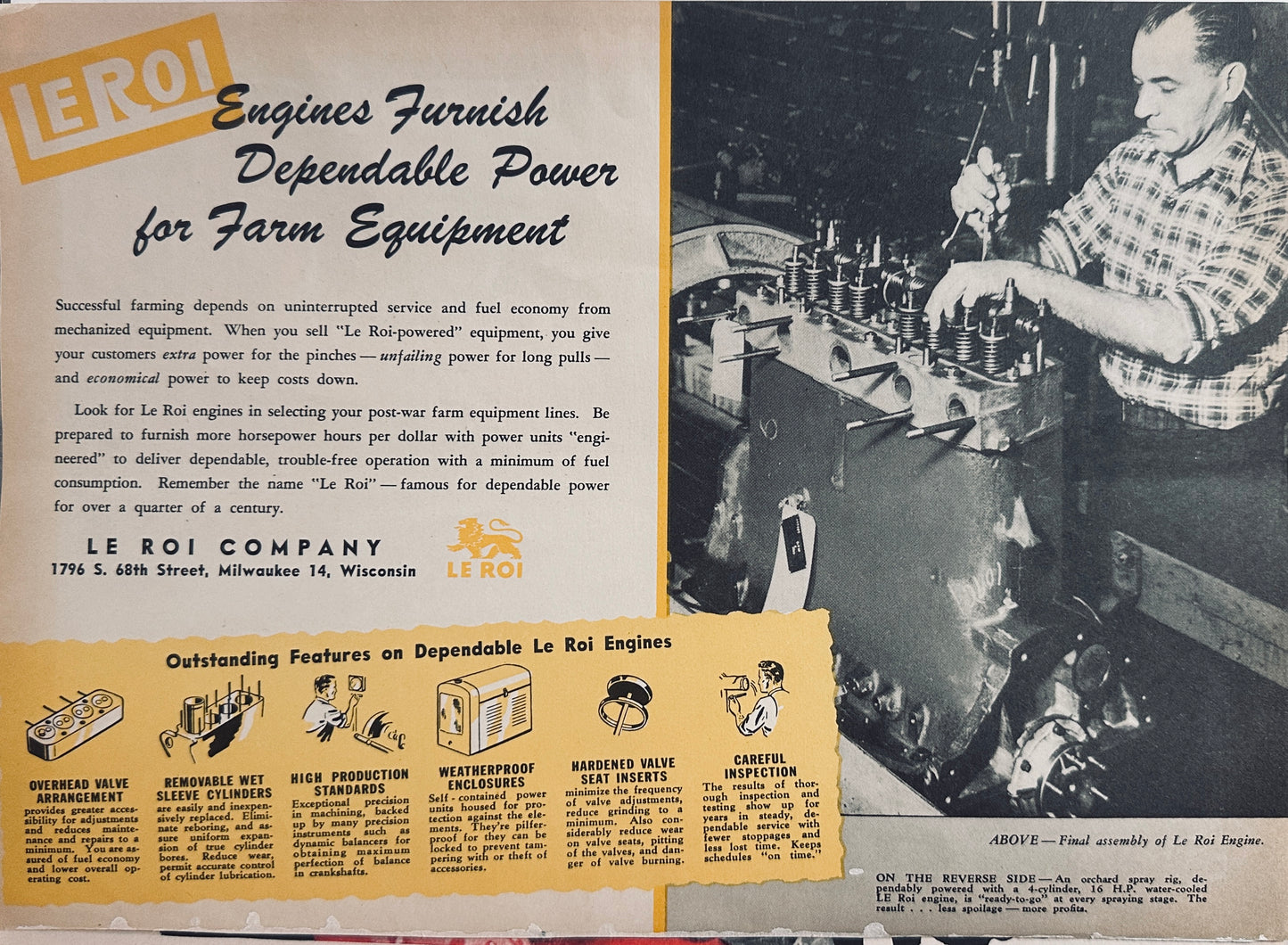 1944 Rare Double-Sided LeRoi Engines Farm Tractors Ad Orchard Sprayer N576