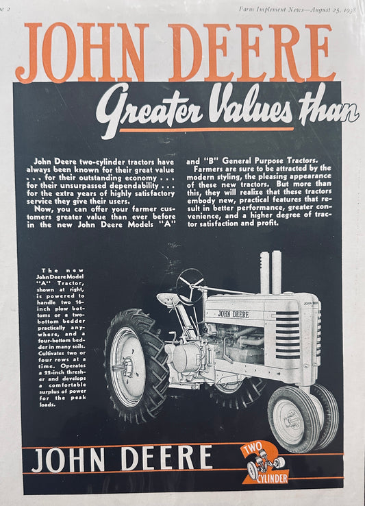 1938 John Deere Model A 2-Cylinder Vintage Ad Greater Values N535