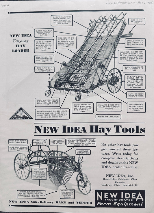 1936 New Idea Hay Tools Coldwater Ohio & Sandwich  Illinois Vintage Ad N715