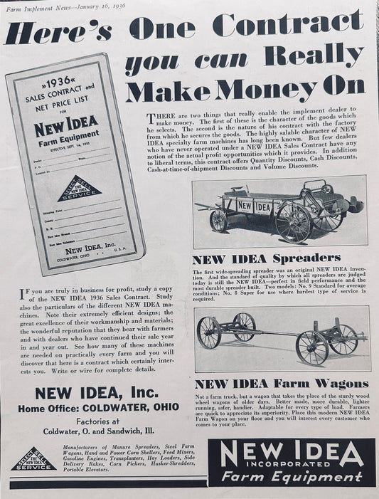 1936 New Idea Sales Contract & Net Price List - Become a Dealer Vintage Ad N716