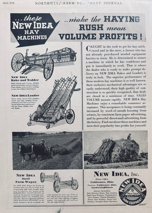 1938 New Idea Haying Machines - Volume Profits- Vintage Ad N712