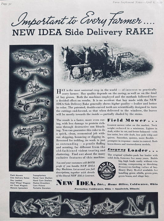 1939 New Idea Side Delivery Rake - Important to Every Farmer Vintage Ad N710