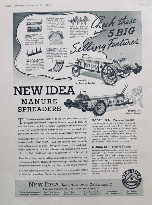 1940 New Idea Manure Spreaders 5 Big Selling Features Vintage Ad #5042