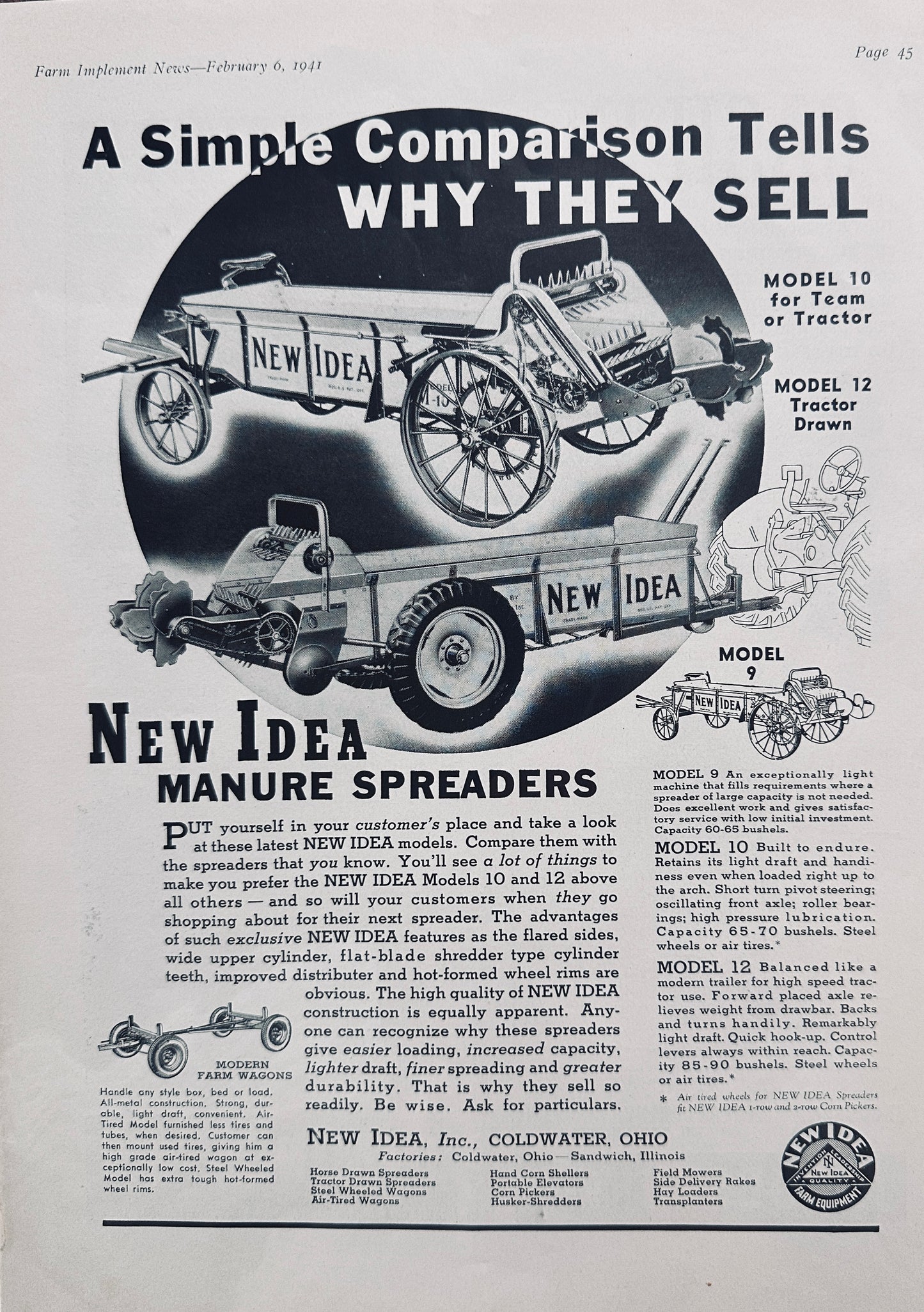 1941 New Idea Manure Spreaders Models 9, 10 & 12 Vintage Ad #5043